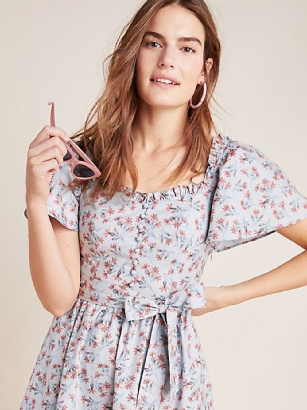 Floral Ruffle Tie-Waist Dress - Light Blue with Rust Floral